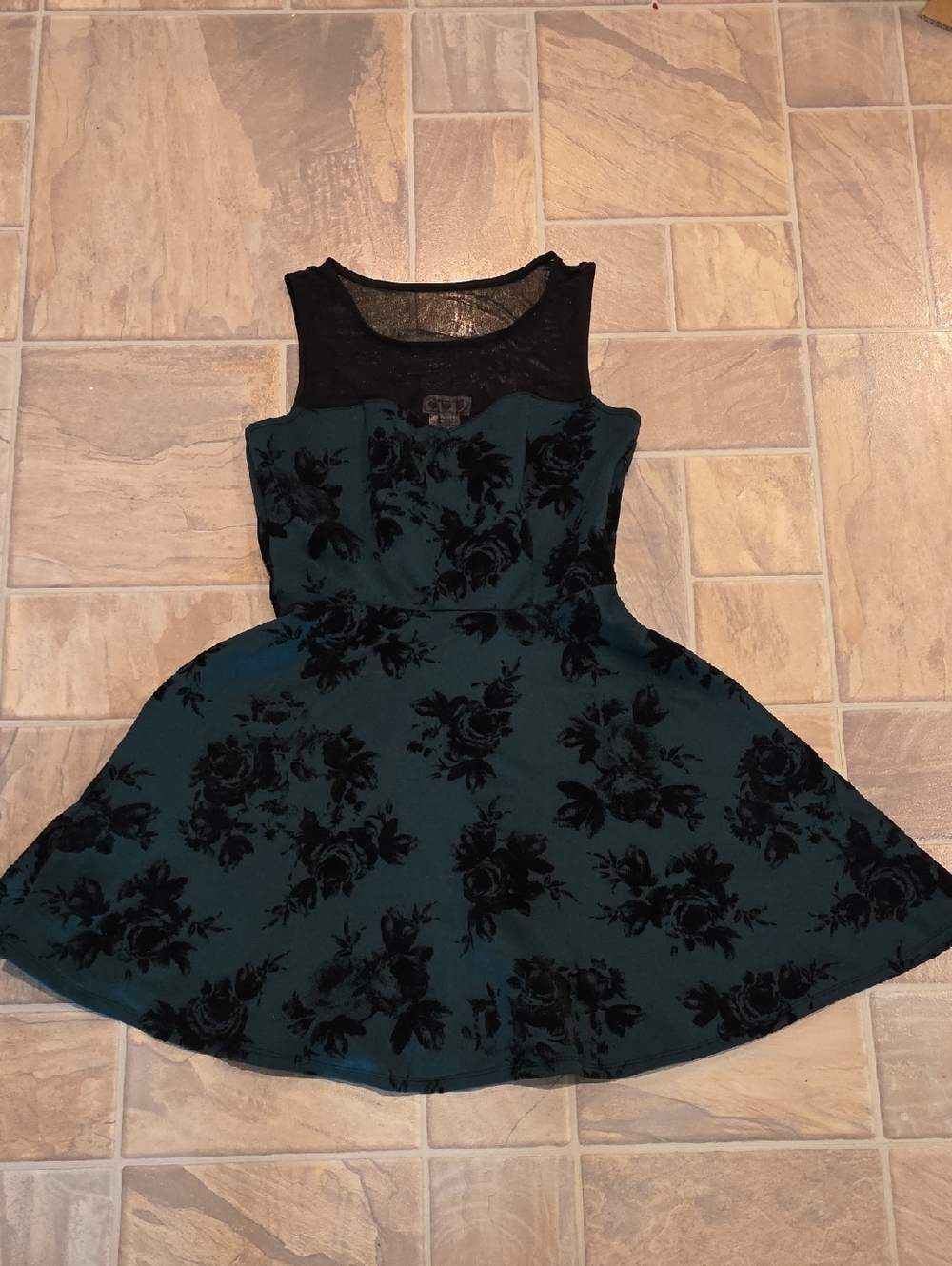 Three Hearts Teal and Black Floral Fit & Flare Dress